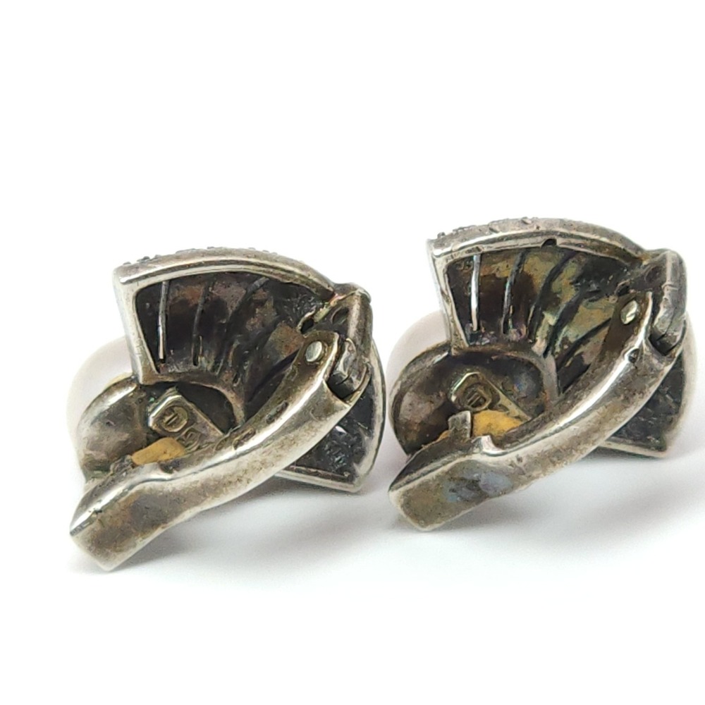Signed TF Theodor Fahrner Clip on Earrings Pearl Marcasite Stone Fan 900 Silver - Picture 4 of 13